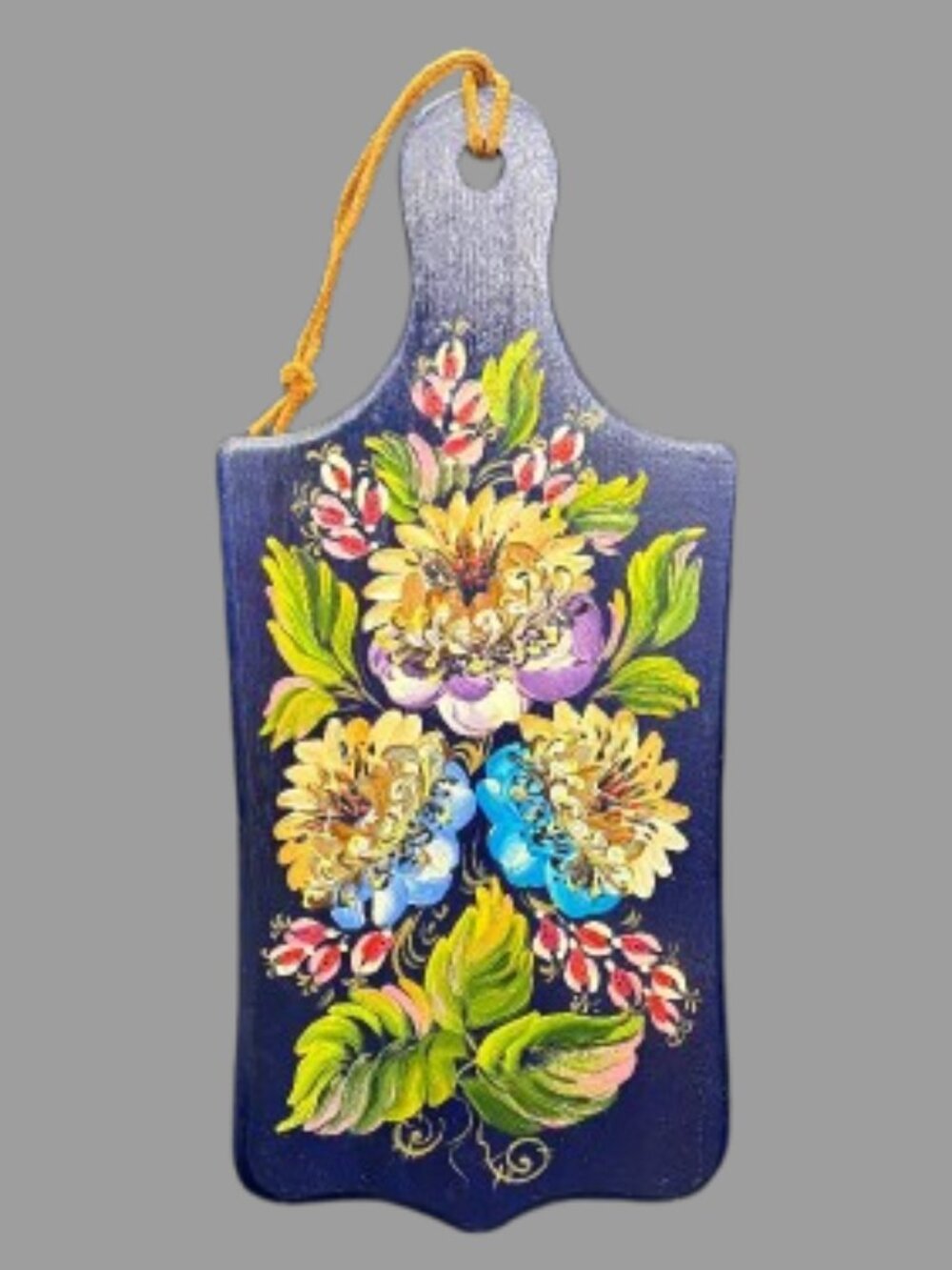Vintage Folk Art Hand Painted Blue Floral Wooden Cutting Board Wall Art